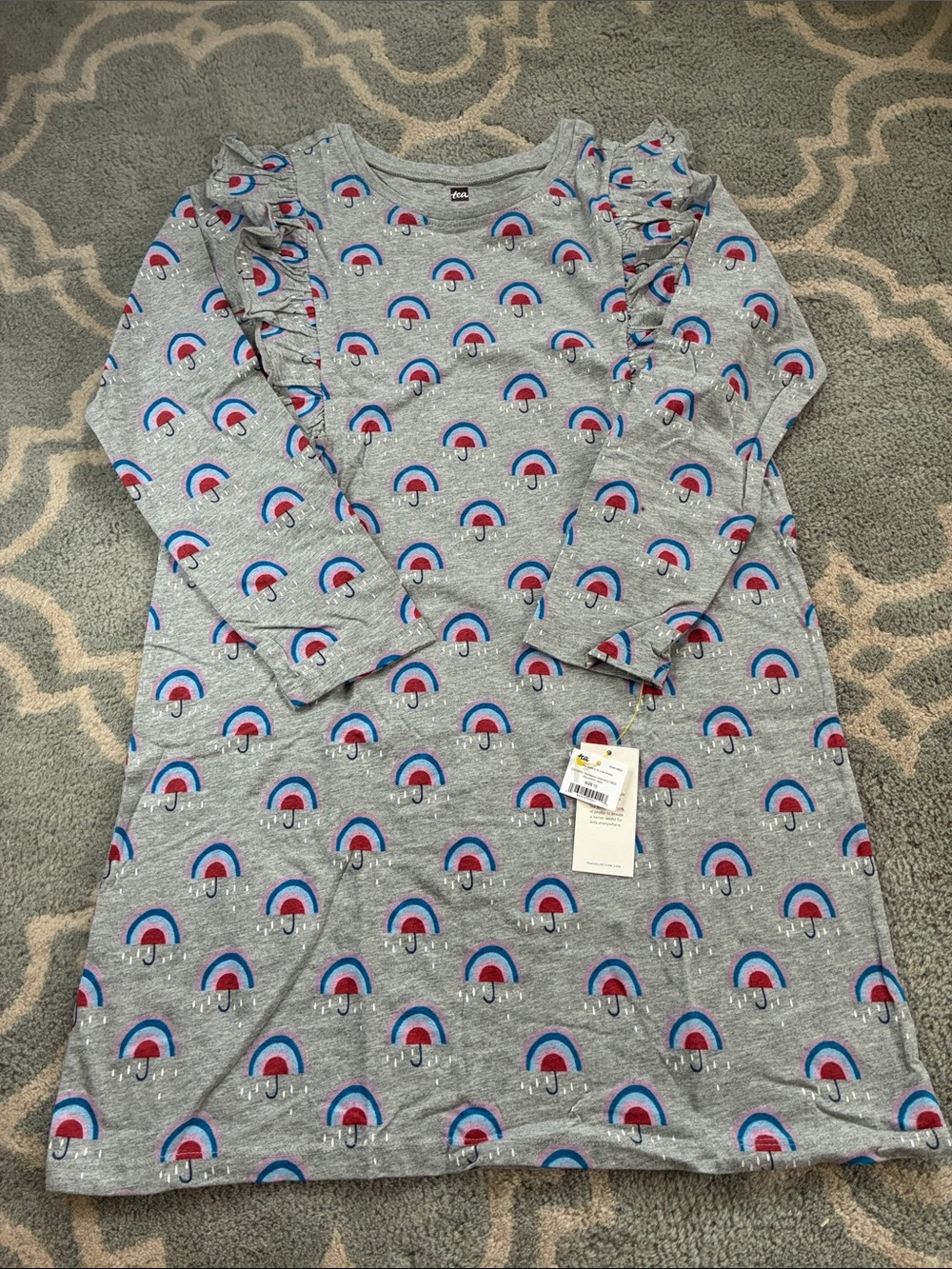 Size 12 Tea Collection Rainbow Umbrella Ruffle Sleeve A-Line Dress NWT